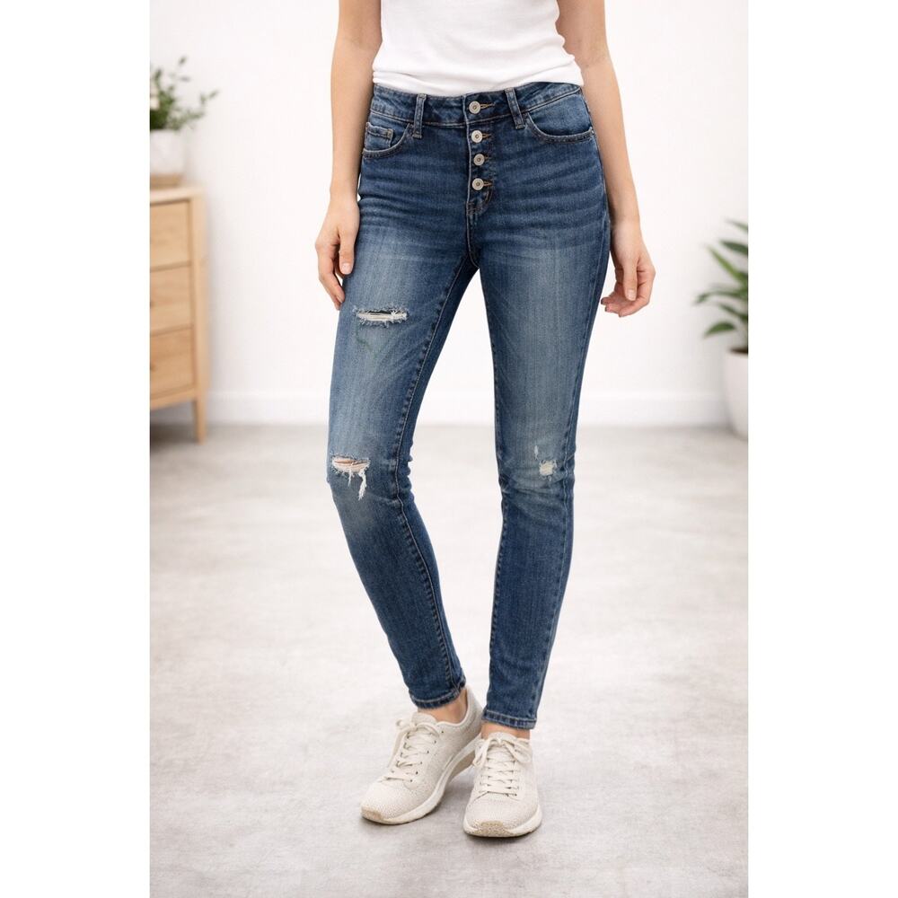 Kancan Women's Clarie Mid Rise Boyfriend Jeans Distressed Button Fly Stretch 28